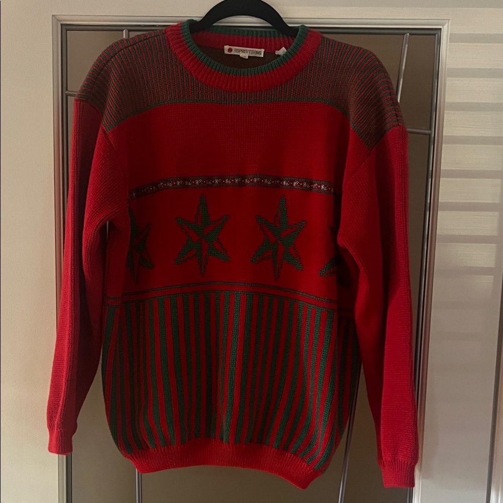 Esprit Teens Vintage Knit Christmas Sweater Stars Green Red size Medium